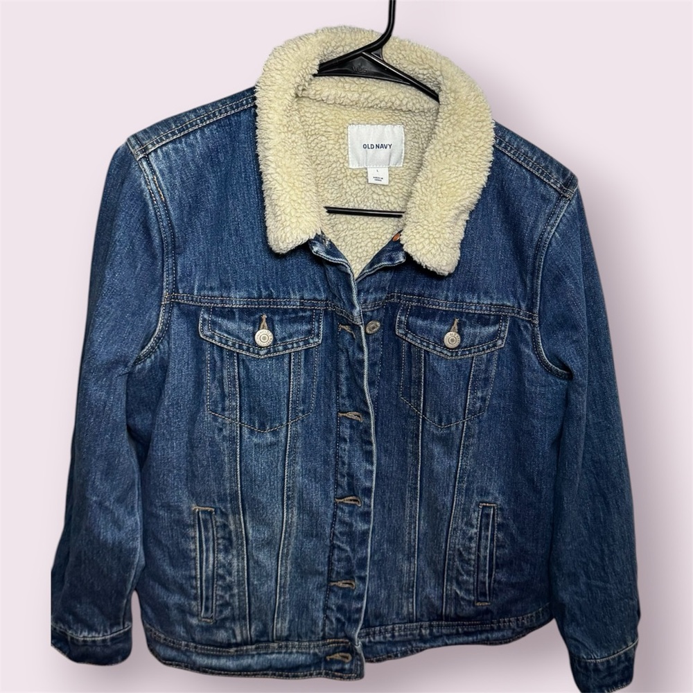 Old Navy Sherpa Lined Denim Jacket Button Front Womens Size Large - Picture 3 of 7
